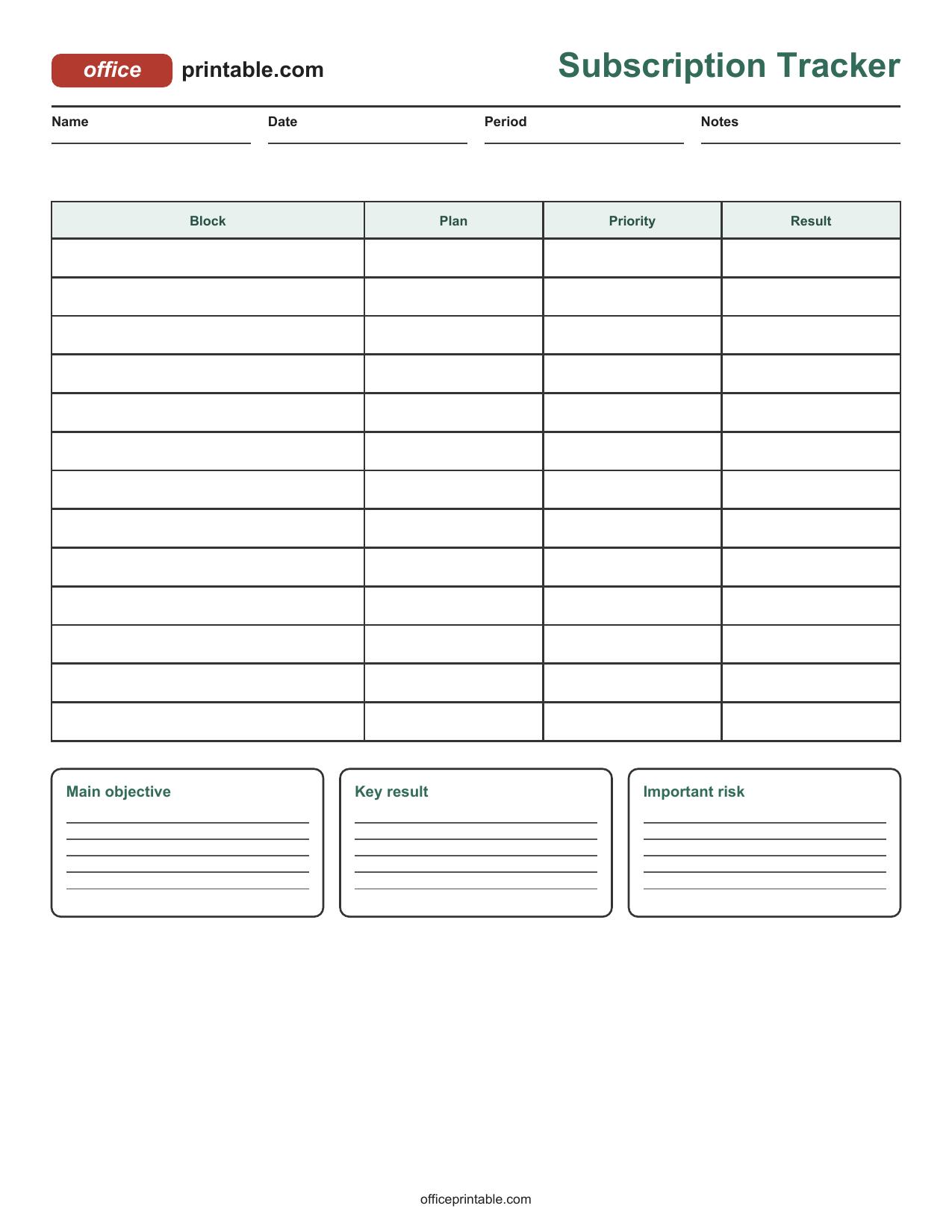 Preview of Subscription Tracker Printable