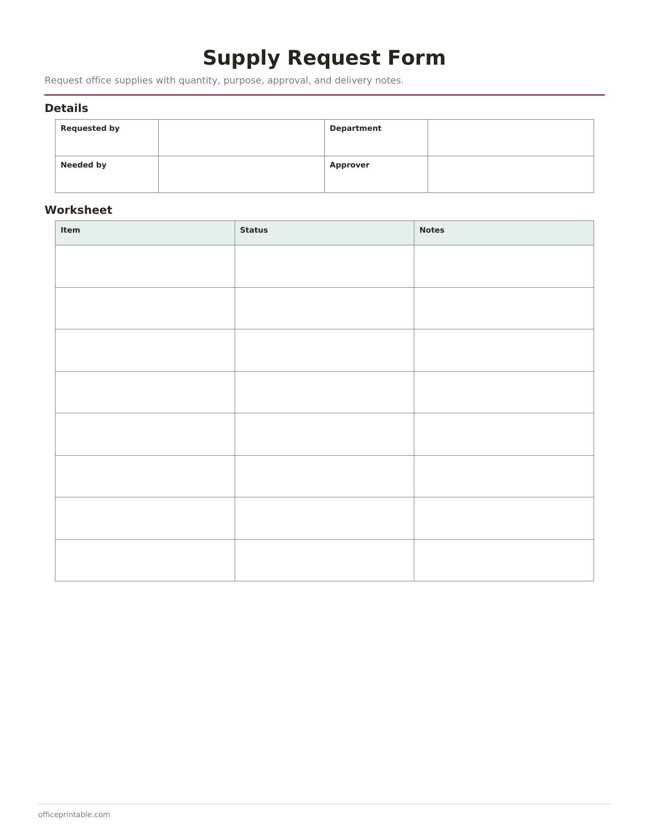 Preview of the Supply Request Form printable PDF