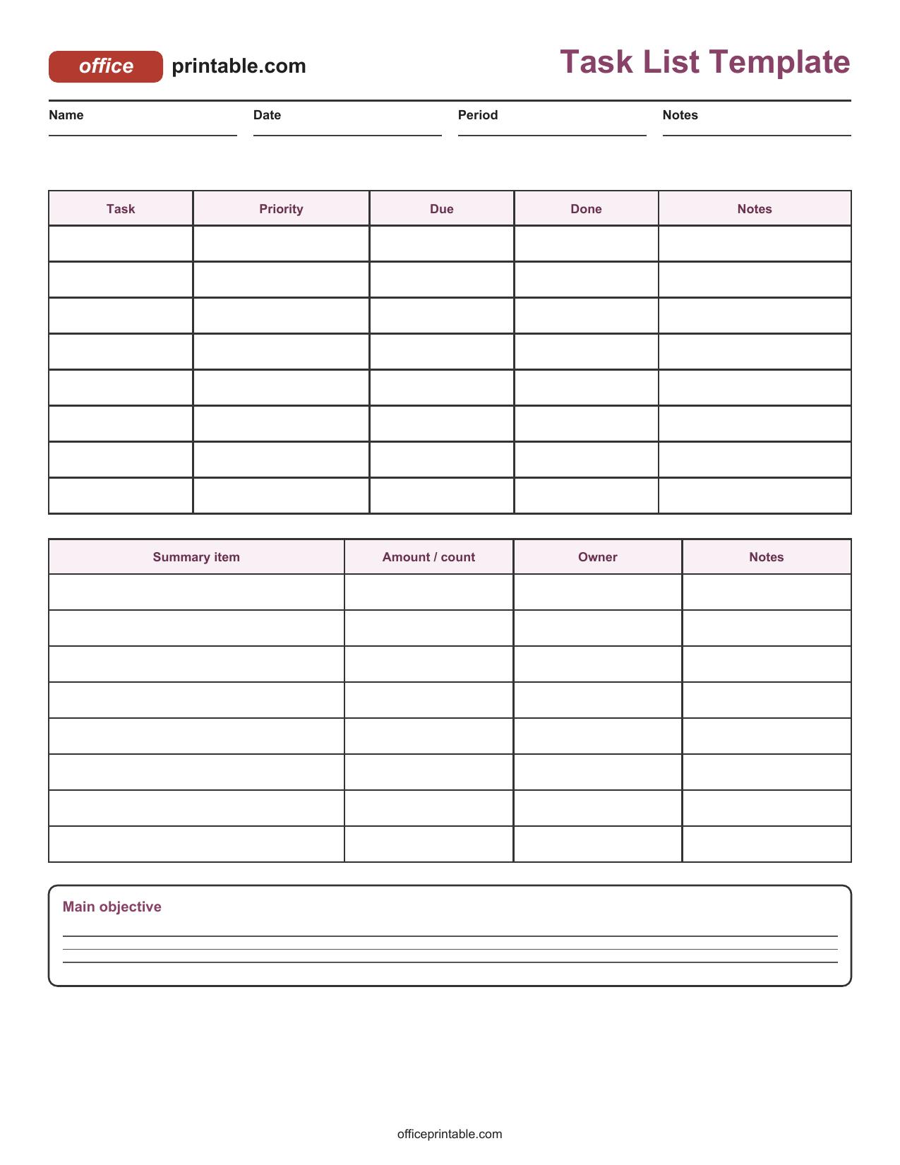 Preview of Task List Template Printable
