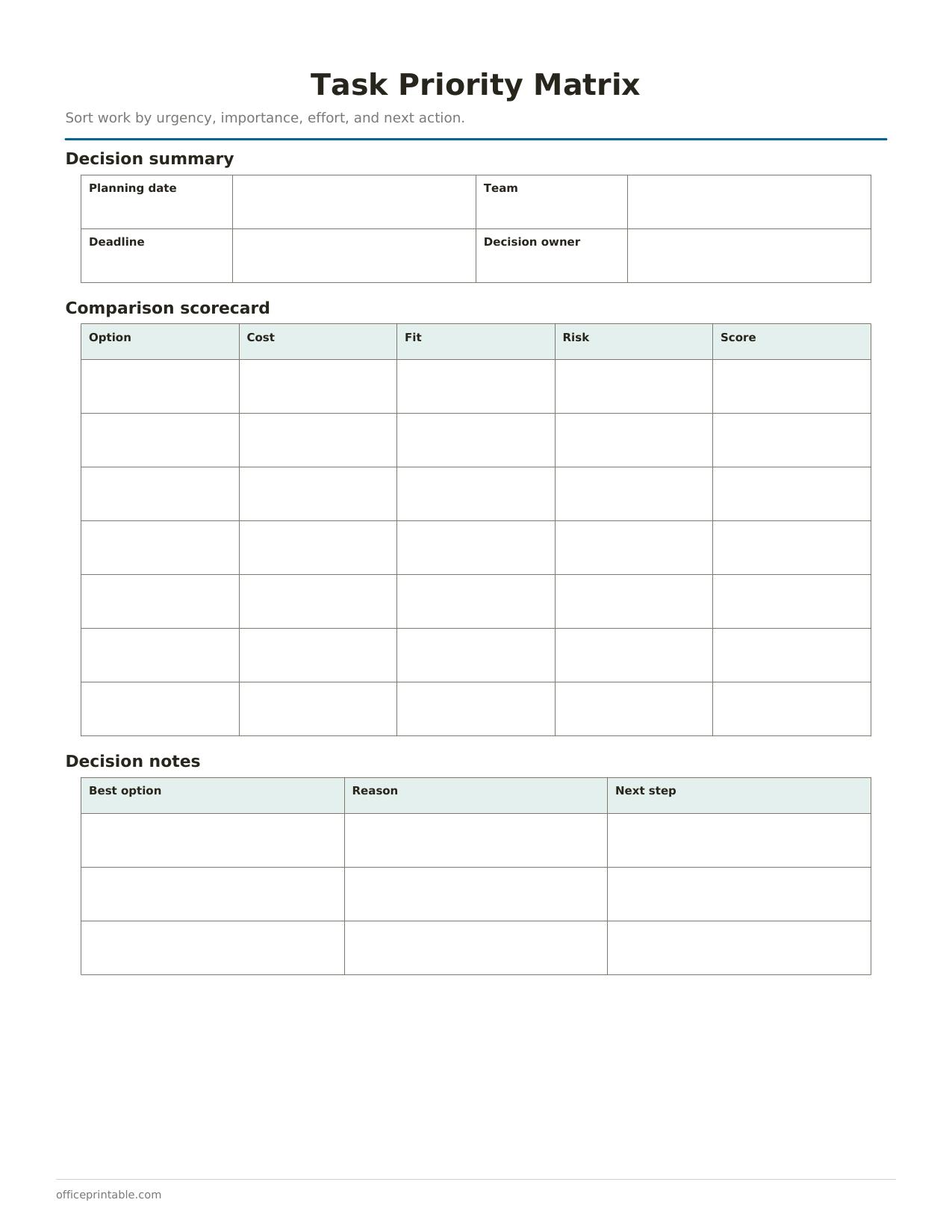 Preview of the Task Priority Matrix printable PDF