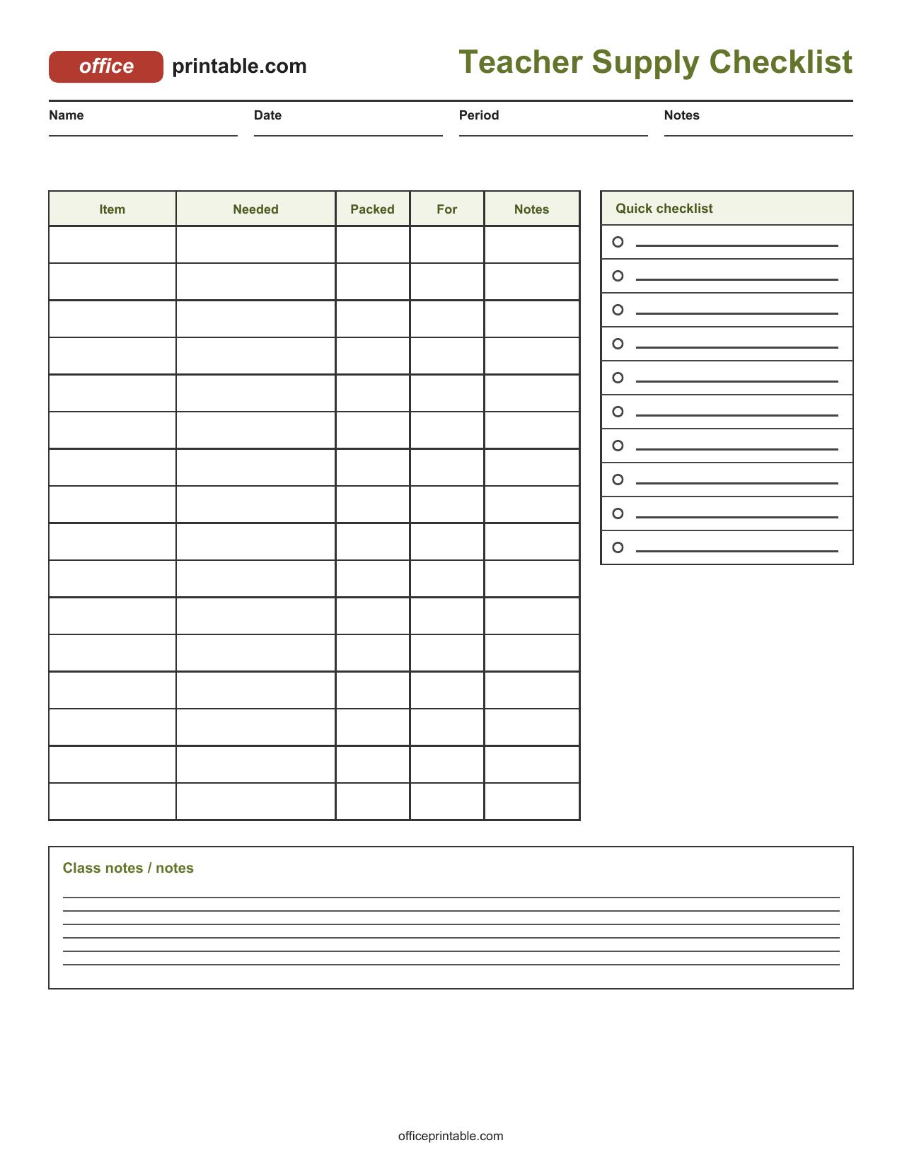 Preview thumbnail of Teacher Supply Checklist Printable