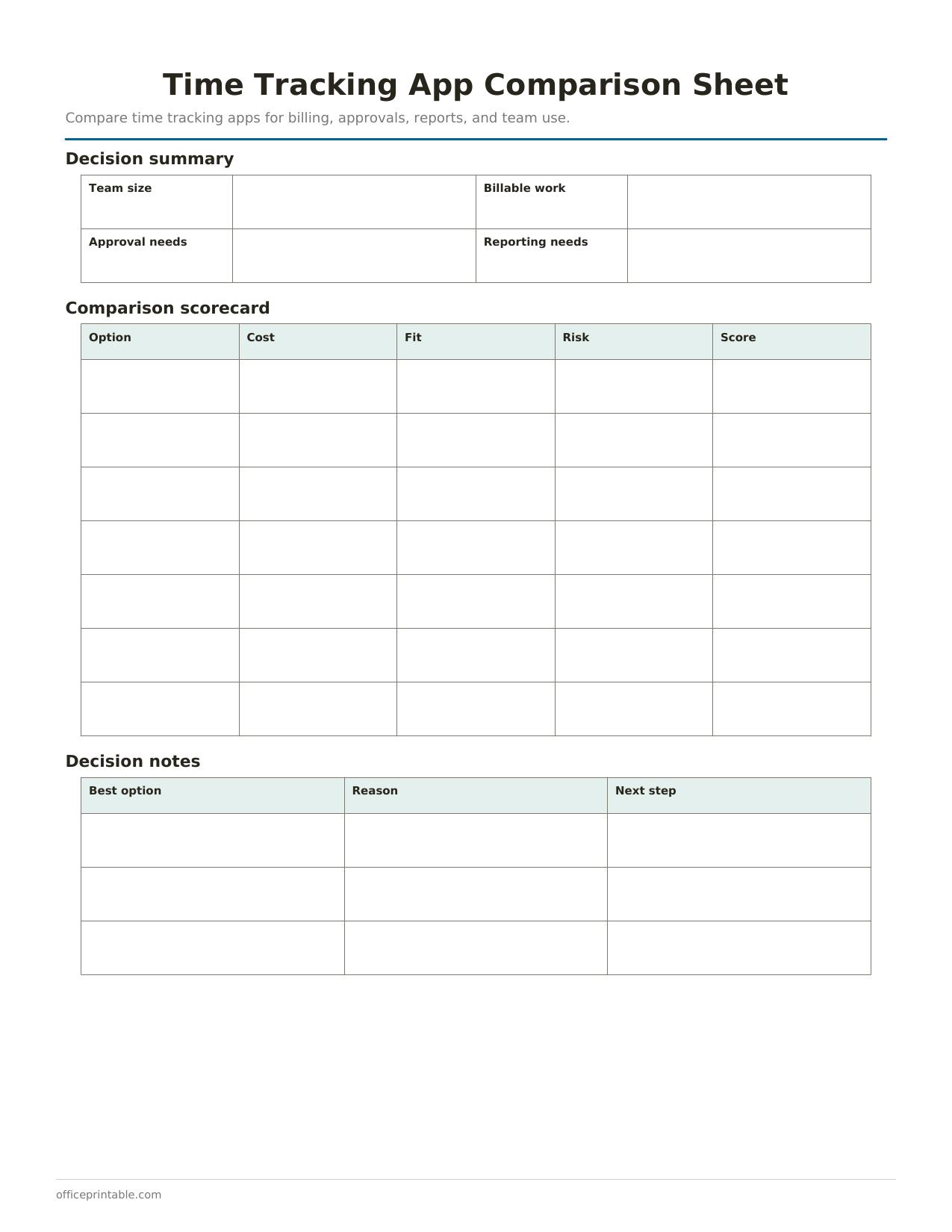 Preview of the Time Tracking App Comparison Sheet printable PDF