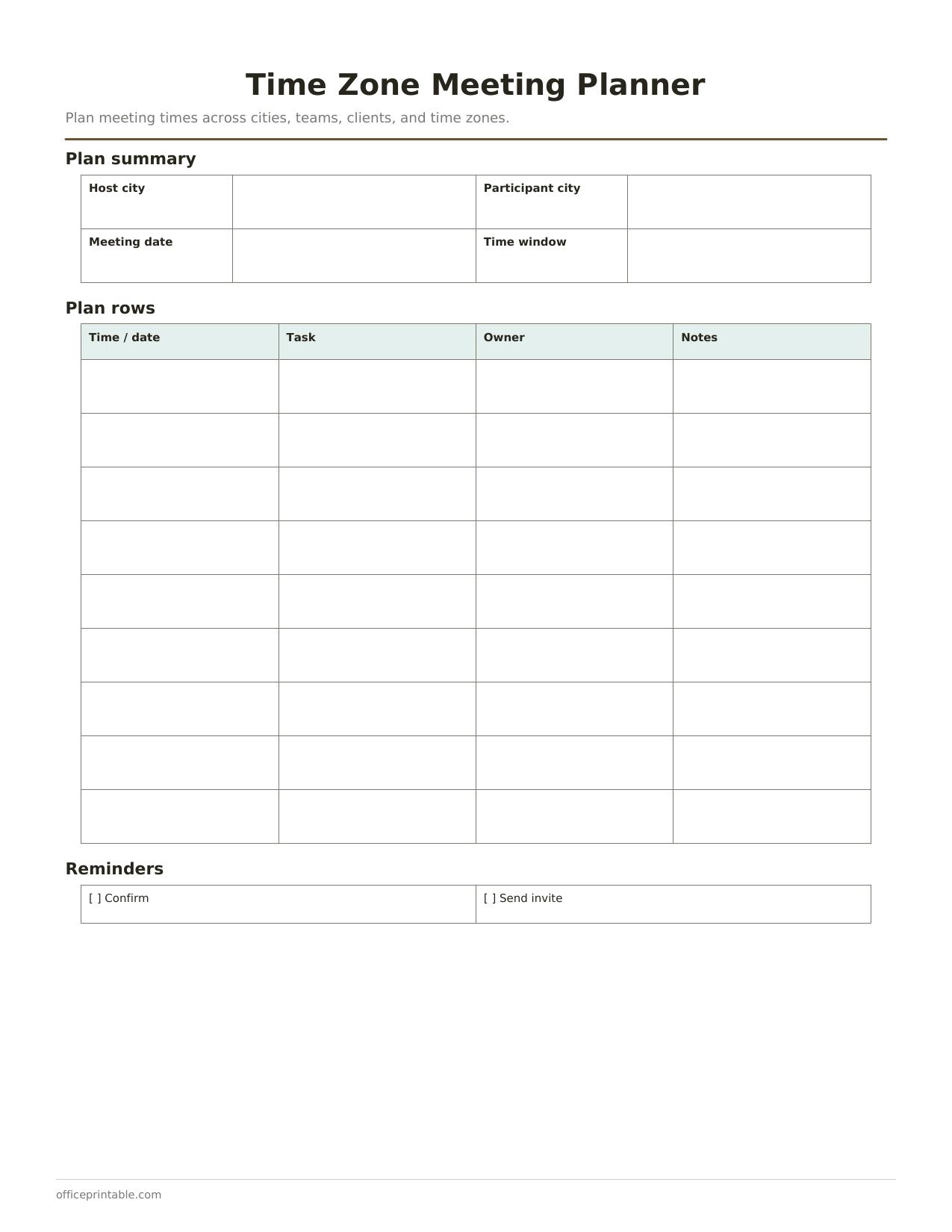 Preview of the Time Zone Meeting Planner printable PDF
