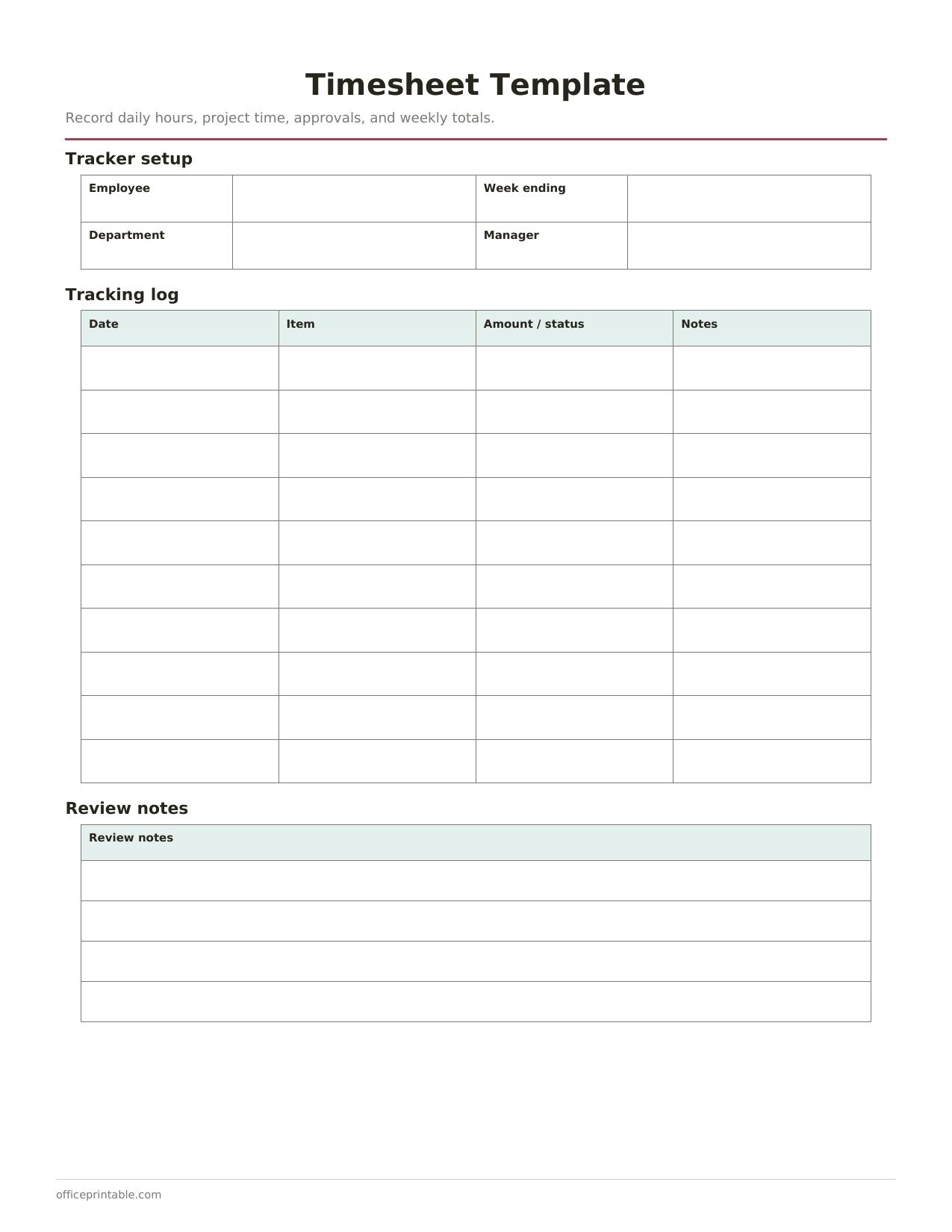Preview of the Timesheet Template printable PDF