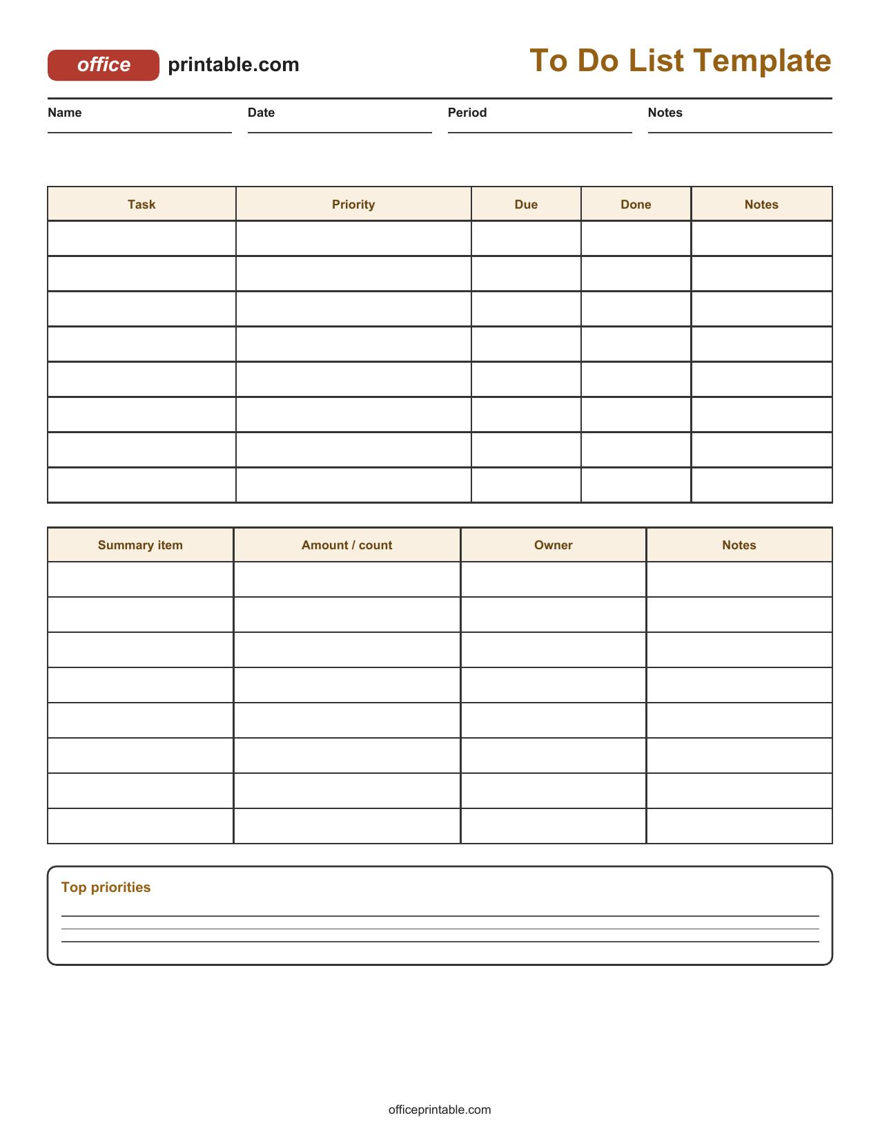 Preview thumbnail of To Do List Template Printable
