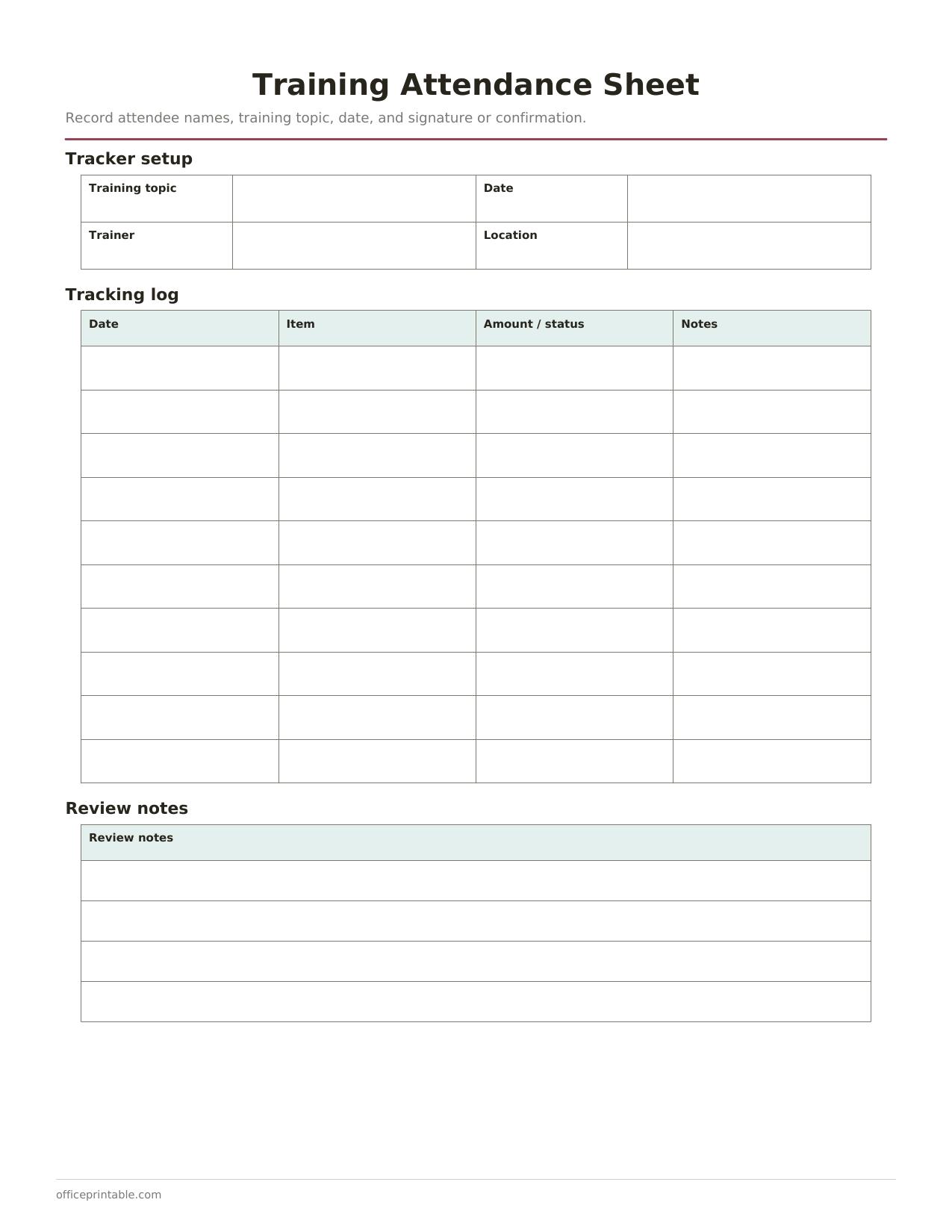Preview thumbnail of Training Attendance Sheet