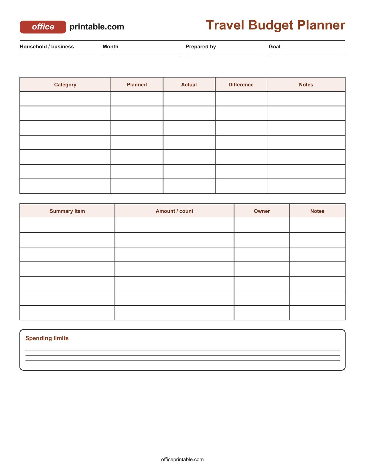 Preview of Travel Budget Planner Printable