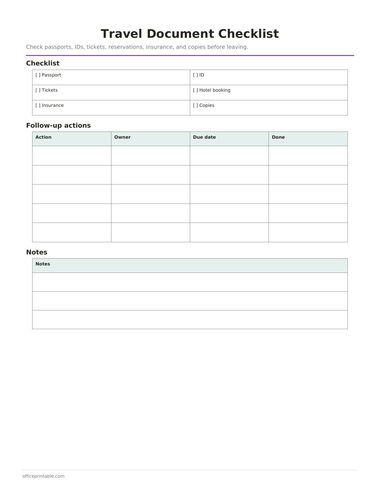 Preview of the Travel Document Checklist printable PDF