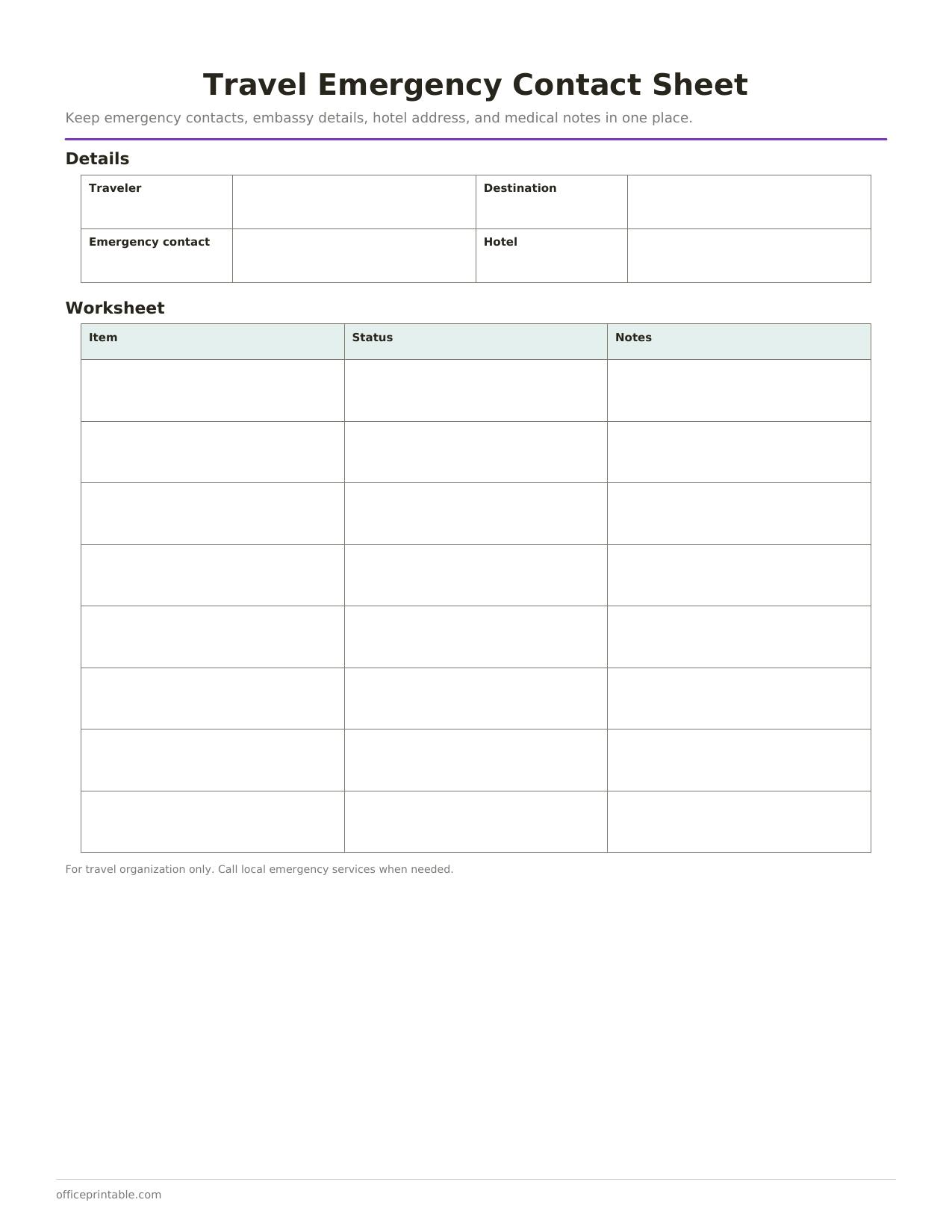 Preview of the Travel Emergency Contact Sheet printable PDF