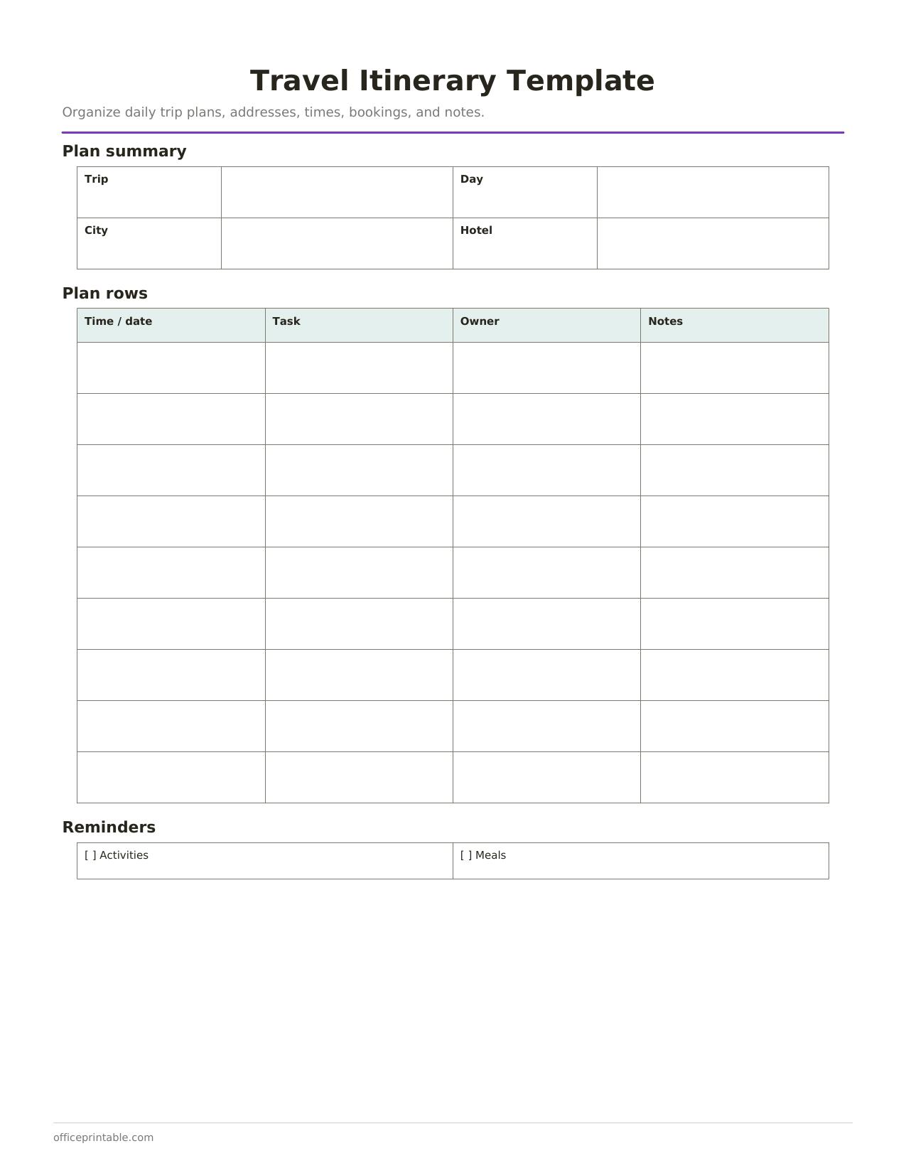 Preview of the Travel Itinerary Template printable PDF