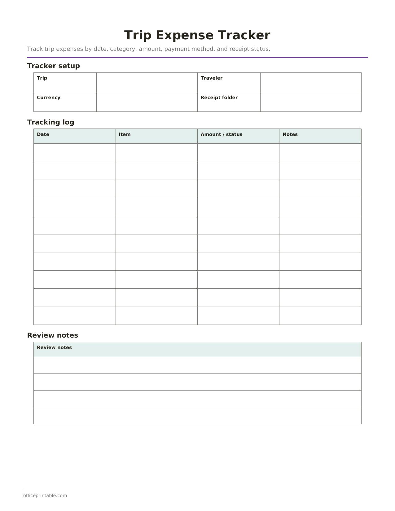 Preview of the Trip Expense Tracker printable PDF