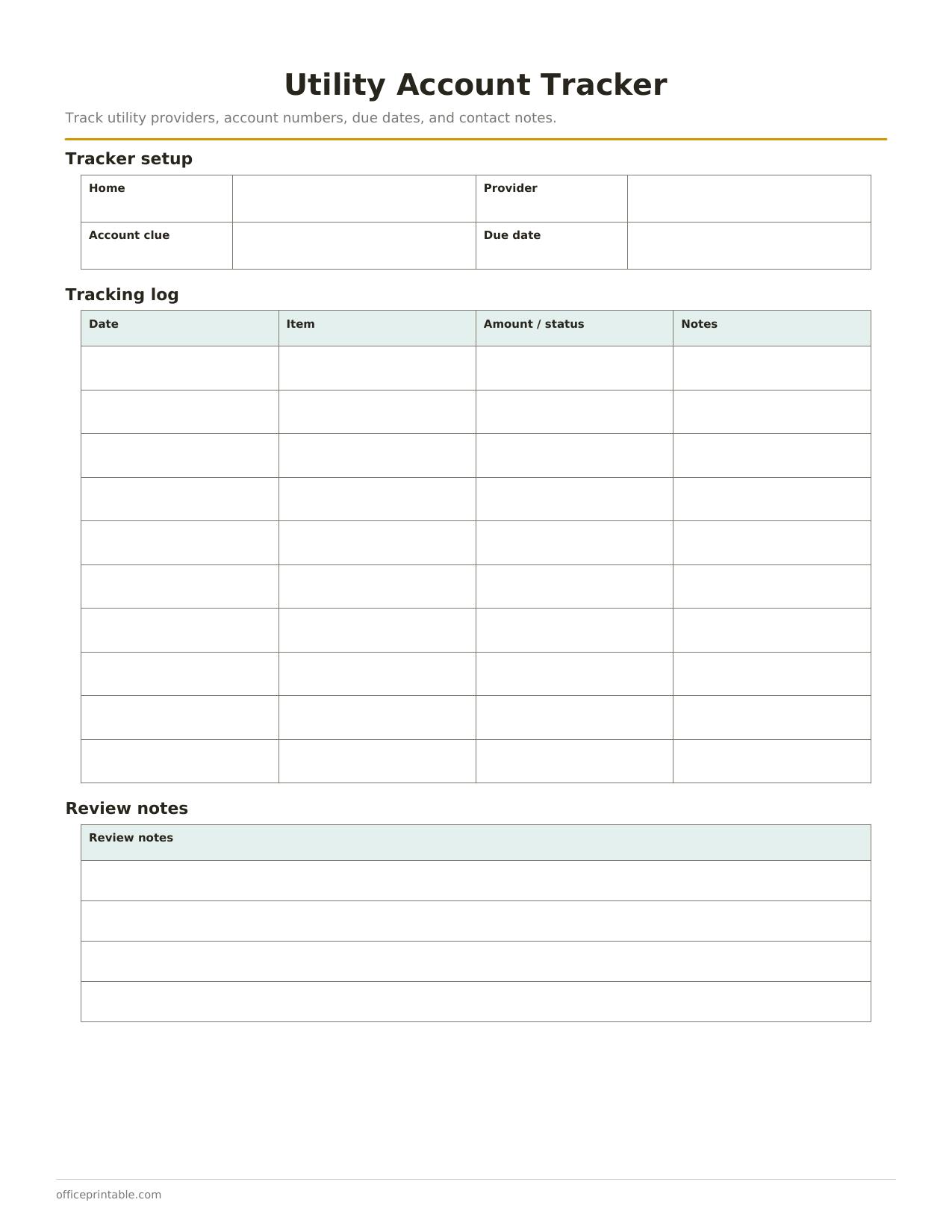 Preview of the Utility Account Tracker printable PDF