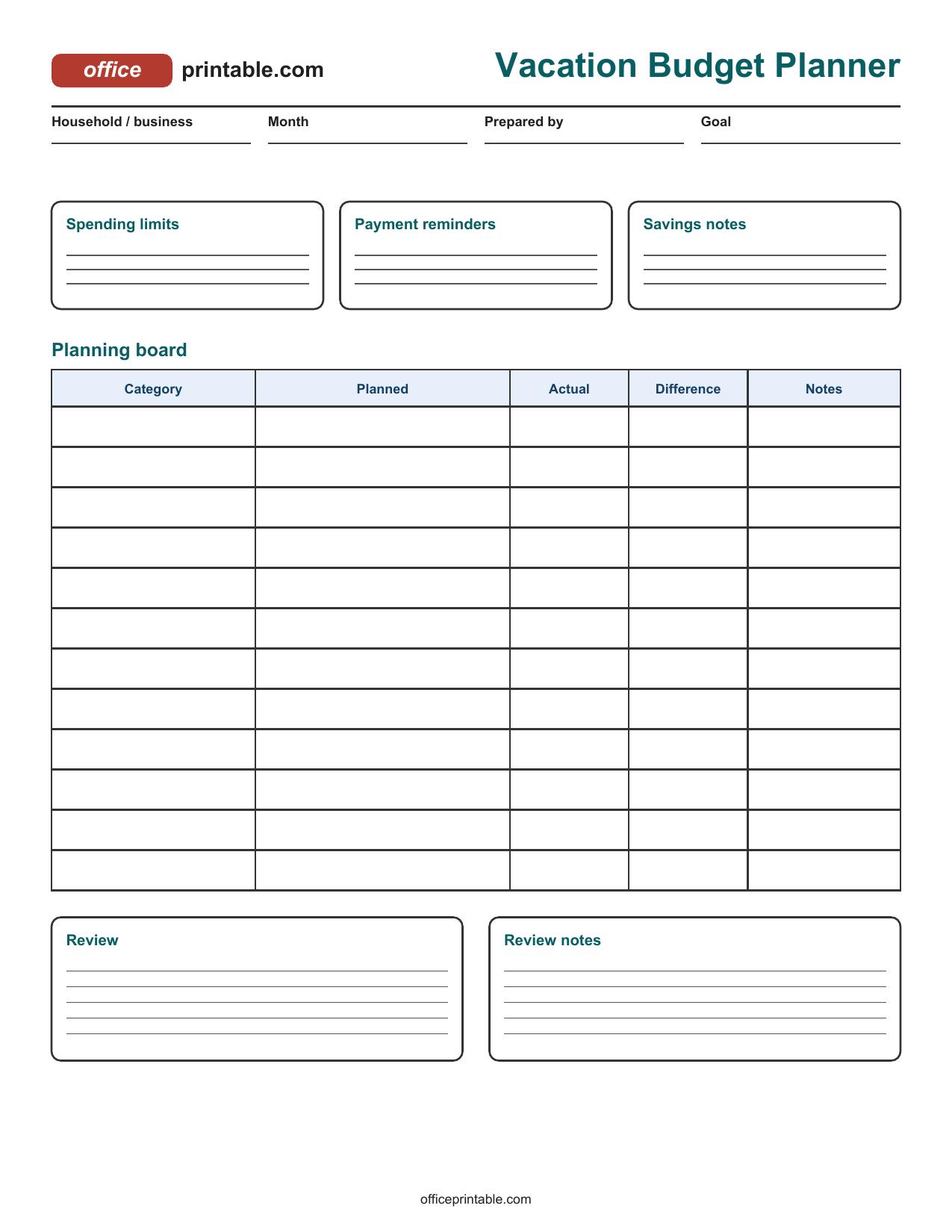 Preview thumbnail of Vacation Budget Planner Printable