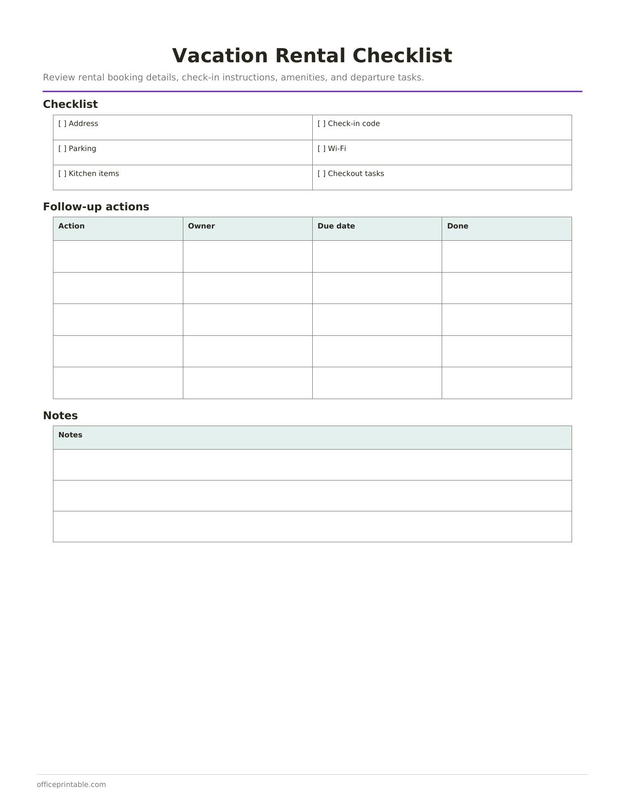Preview of the Vacation Rental Checklist printable PDF