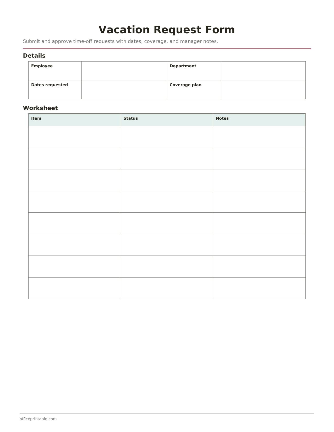 Preview of the Vacation Request Form printable PDF