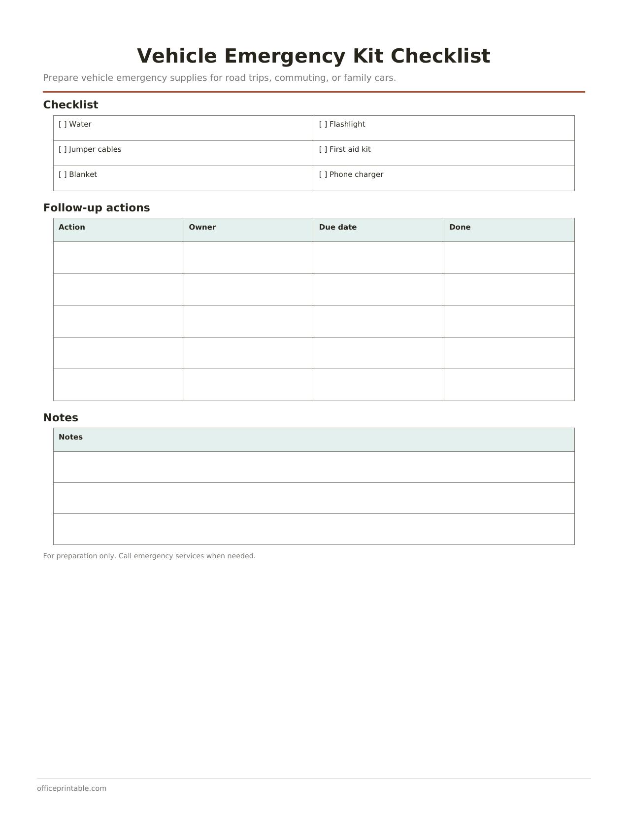 Preview of the Vehicle Emergency Kit Checklist printable PDF