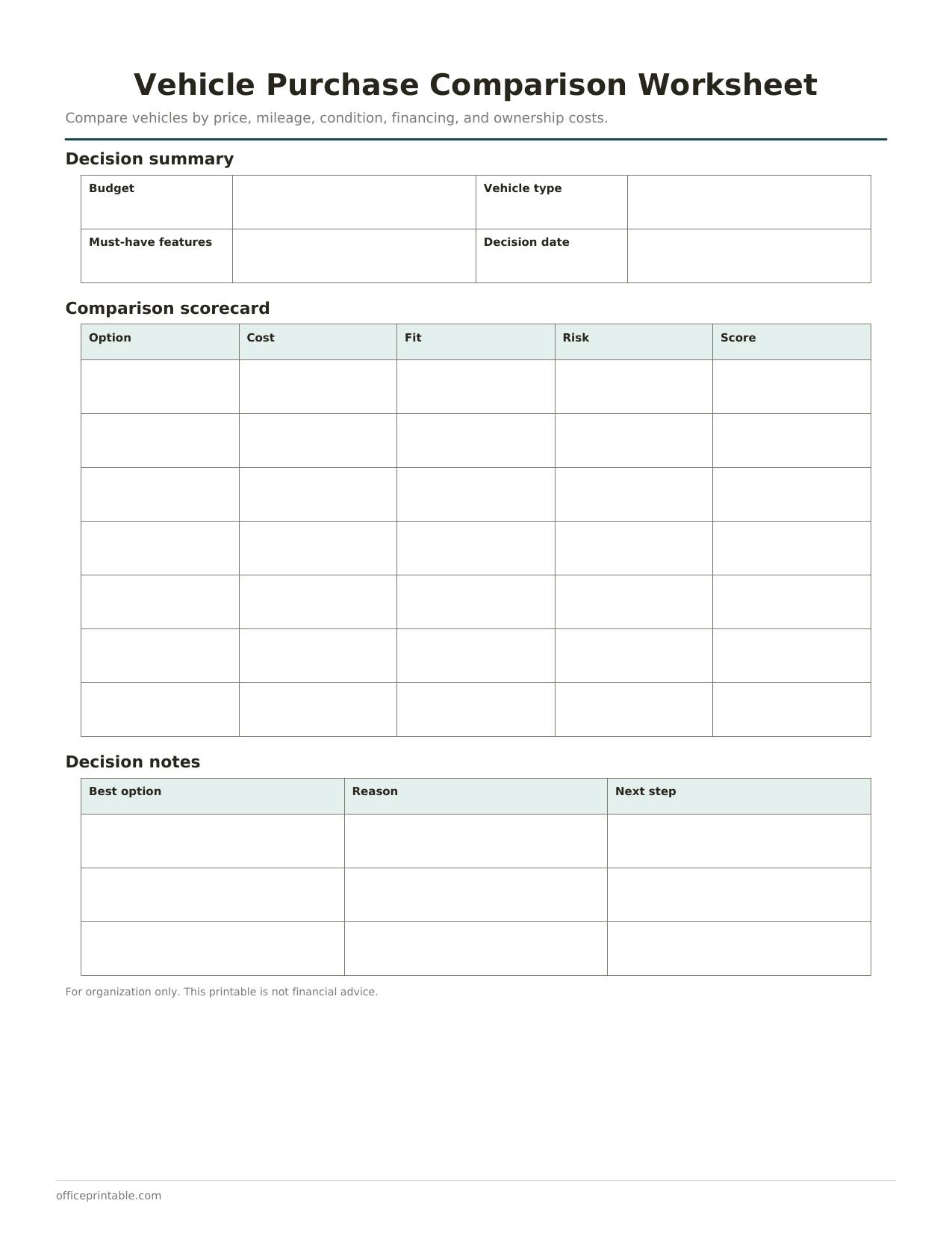 Preview of the Vehicle Purchase Comparison Worksheet printable PDF