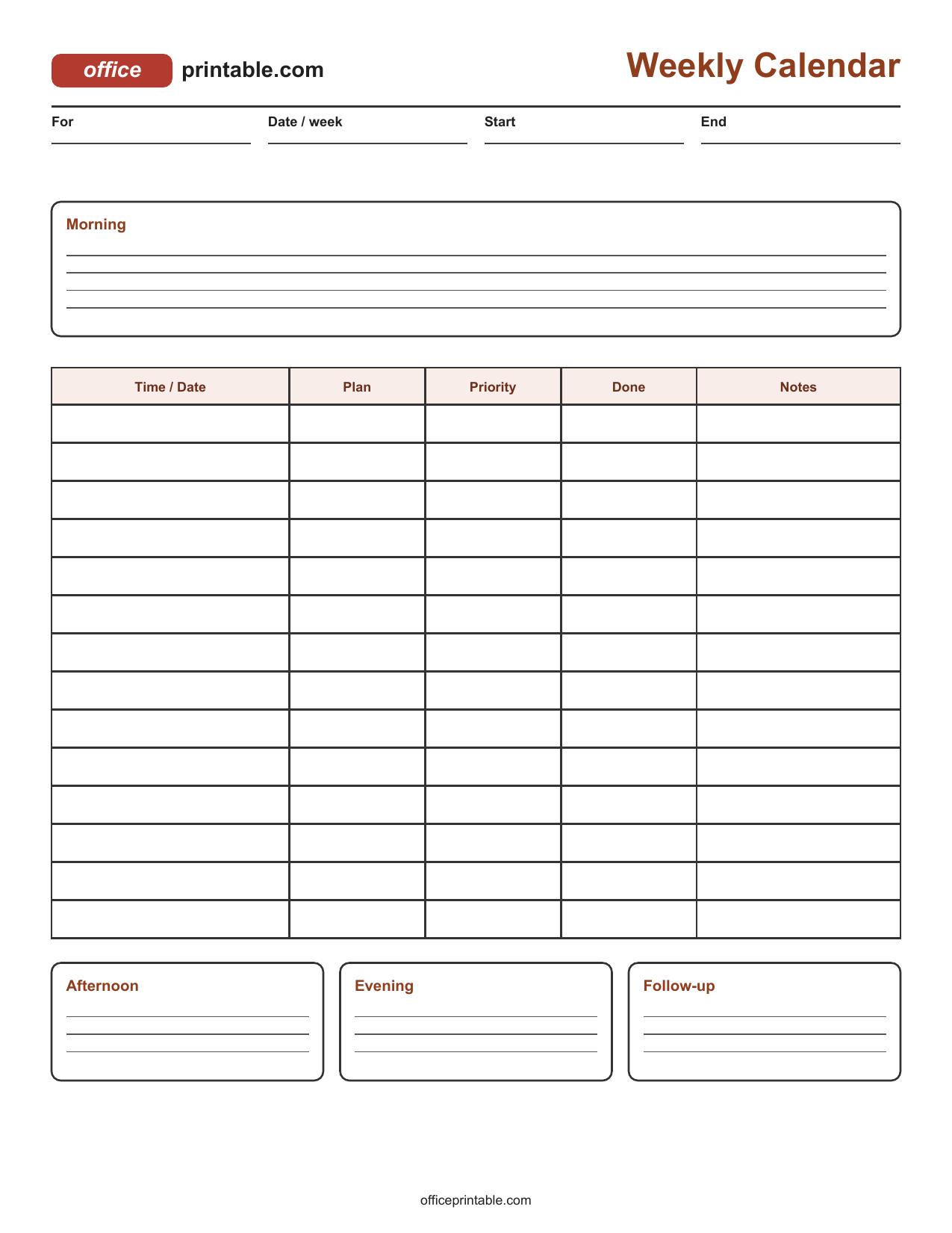 Preview thumbnail of Weekly Calendar Printable