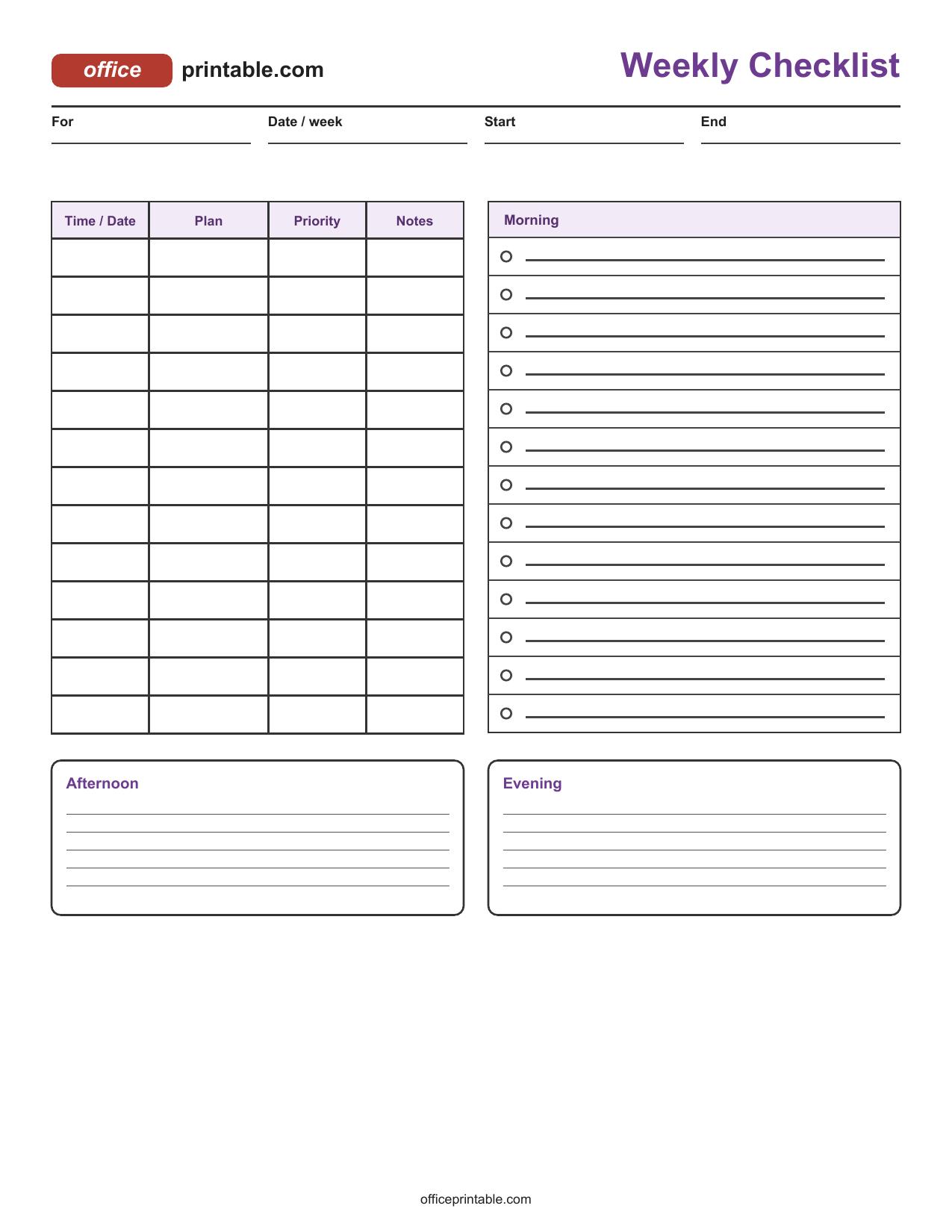 Preview of Weekly Checklist Printable