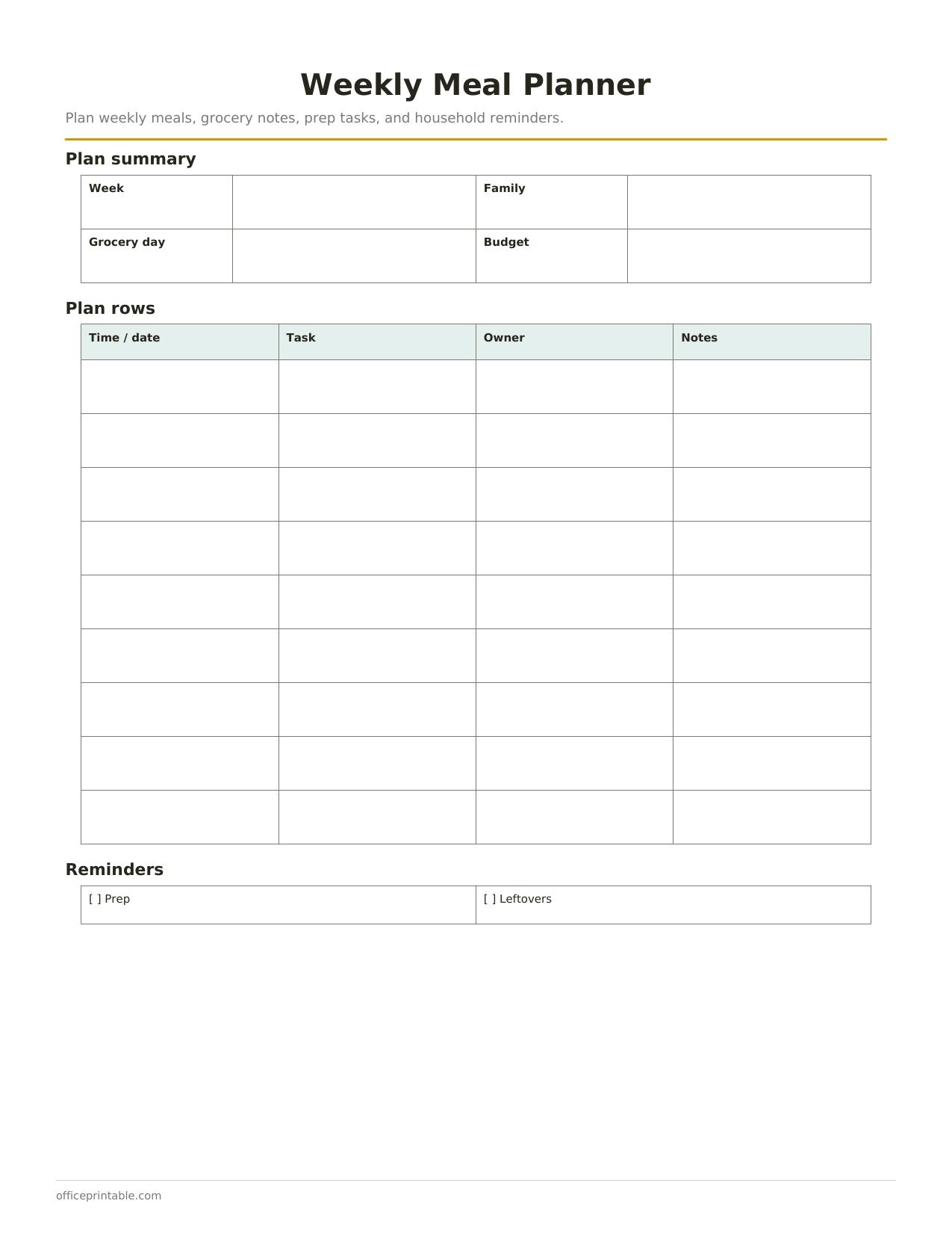 Preview of the Weekly Meal Planner printable PDF