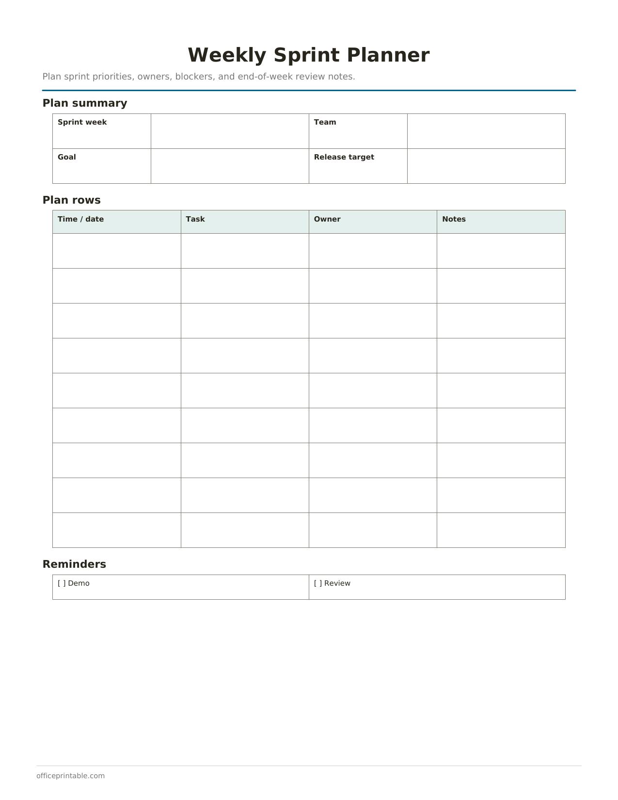 Preview of the Weekly Sprint Planner printable PDF
