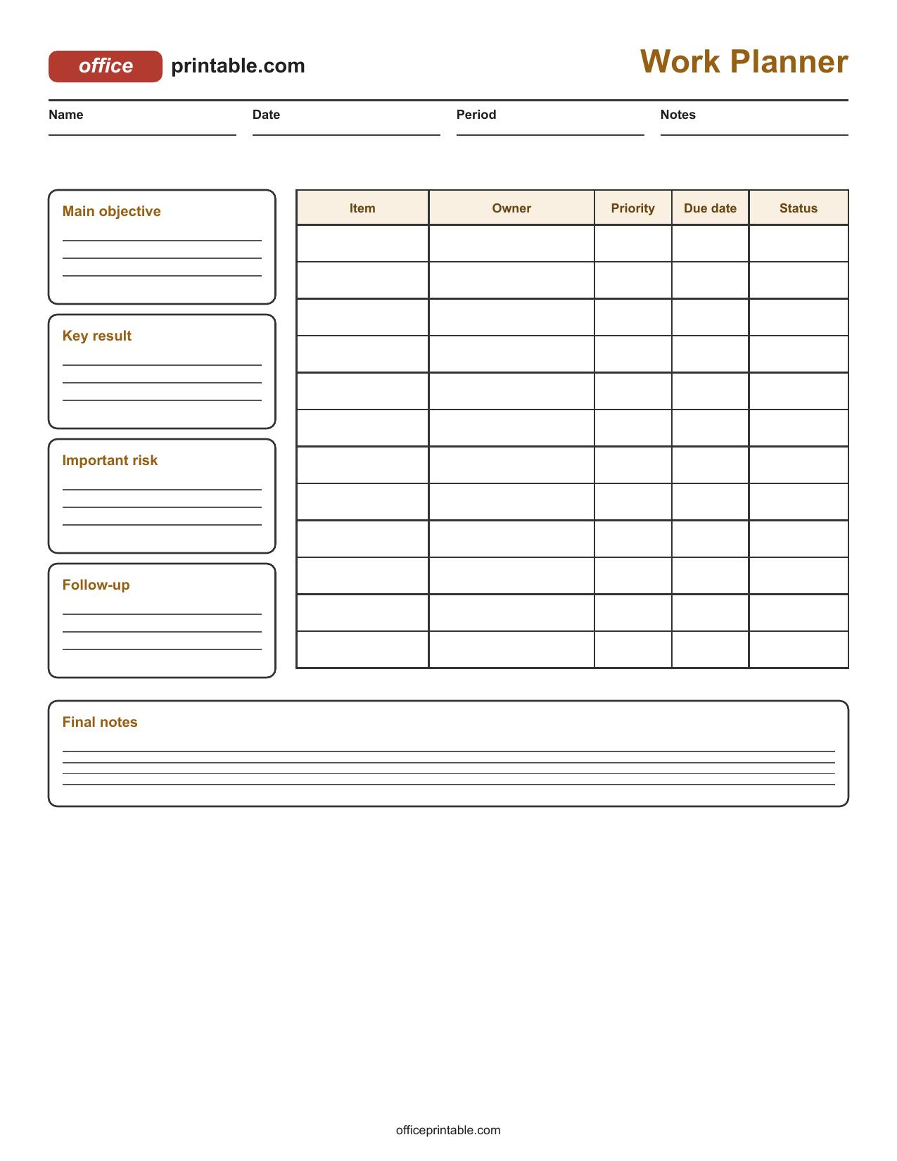 Preview of Work Planner Printable